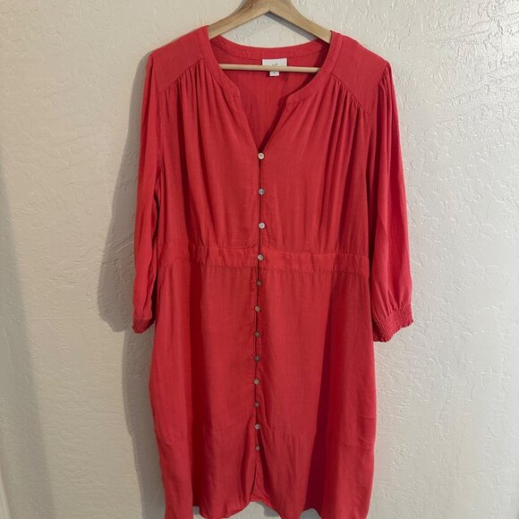 J. Jill Linen Smocked Sleeve Coral Button Up Midi Dress - Picture 2 of 9